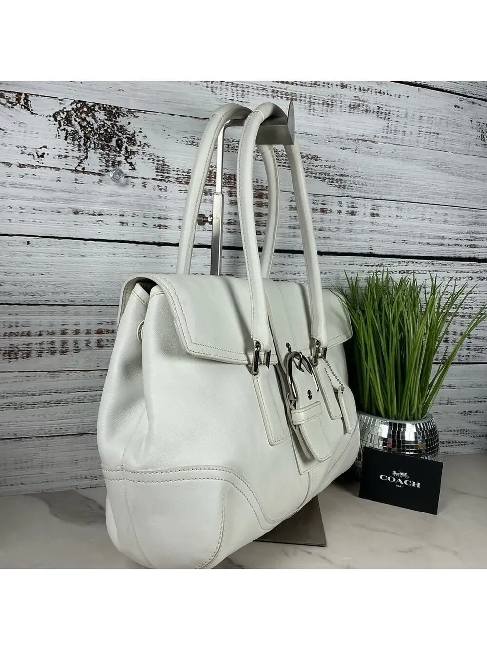 Coach Buckle Vintage Hand Shoulder Bag Soho‎ White Leather Satchel Silver Hardwa